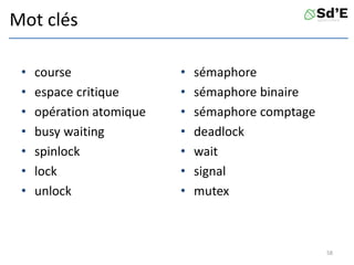 Mot clés
• course
• espace critique
• opération atomique
• busy waiting
• spinlock
• lock
• unlock
• sémaphore
• sémaphore binaire
• sémaphore comptage
• deadlock
• wait
• signal
• mutex
58
 