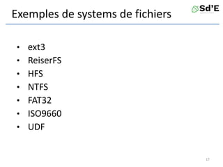 Exemples de systems de fichiers
• ext3
• ReiserFS
• HFS
• NTFS
• FAT32
• ISO9660
• UDF
17
 