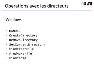 Operations avec les directeurs
Windows
• HANDLE
• CreateDirectory
• RemoveDirectory
• SetCurrentDirectory
• FindFirstFile
• FindNextFile
• FindClose
67
 