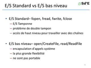 E/S Standard vs E/S bas niveau
• E/S Standard– fopen, fread, fwrite, fclose
– E/S Tamponne
– problème de double tampon
– accès de haut niveau pour travailler avec des chaînes
• E/S bas niveau– open/CreateFile, read/ReadFile
– encapsulation d'appels système
– la plus grande flexibilité
– ne sont pas portable
73
 