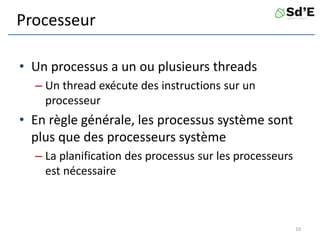 Processeur
• Un processus a un ou plusieurs threads
– Un thread exécute des instructions sur un
processeur
• En règle générale, les processus système sont
plus que des processeurs système
– La planification des processus sur les processeurs
est nécessaire
10
 