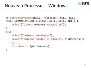 Nouveau Processus - Windows
if (!CreateProcess(NULL, "notepad", NULL, NULL,
TRUE, NORMAL_PRIORITY_CLASS, NULL, NULL, &pi)) {
printf("Cannot execute notepad.n");
}
else {
printf("notepad runningn");
printf("notepad handle is 0x%xn", pi.hProcess);
// ...
CloseHandle (pi.hProcess);
}
30
 