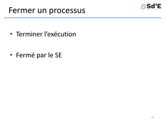 Fermer un processus
• Terminer l’exécution
• Fermé par le SE
45
 