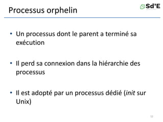Processus orphelin
• Un processus dont le parent a terminé sa
exécution
• Il perd sa connexion dans la hiérarchie des
processus
• Il est adopté par un processus dédié (init sur
Unix)
52
 