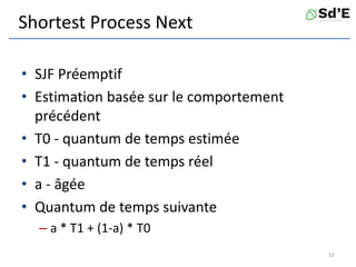 Shortest Process Next
• SJF Préemptif
• Estimation basée sur le comportement
précédent
• T0 - quantum de temps estimée
• T1 - quantum de temps réel
• a - âgée
• Quantum de temps suivante
– a * T1 + (1-a) * T0
52
 