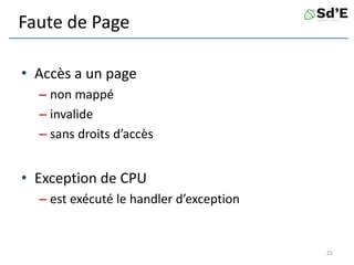 Faute de Page
• Accès a un page
– non mappé
– invalide
– sans droits d’accès
• Exception de CPU
– est exécuté le handler d’exception
25
 