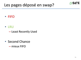 Les pages déposé en swap?
• FIFO
• LRU
– Least Recently Used
• Second Chance
– mieux FIFO
36
 