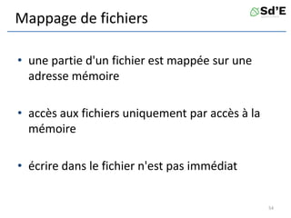Mappage de fichiers
• une partie d'un fichier est mappée sur une
adresse mémoire
• accès aux fichiers uniquement par accès à la
mémoire
• écrire dans le fichier n'est pas immédiat
54
 