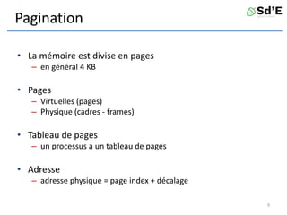 Pagination
• La mémoire est divise en pages
– en général 4 KB
• Pages
– Virtuelles (pages)
– Physique (cadres - frames)
• Tableau de pages
– un processus a un tableau de pages
• Adresse
– adresse physique = page index + décalage
9
 