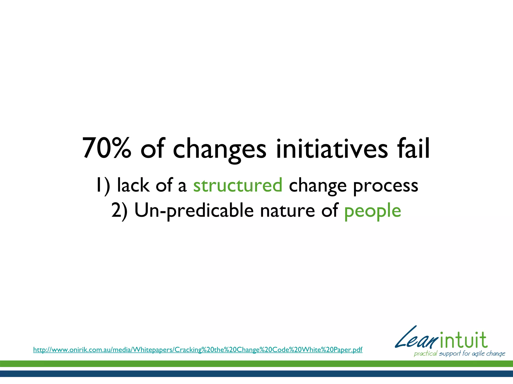 70% of changes initiatives fail
1) lack of a structured change process
2) Un-predicable nature of people

http://www.onirik.com.au/media/Whitepapers/Cracking%20the%20Change%20Code%20White%20Paper.pdf

 