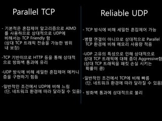 Parallel TCP                   Reliable UDP
- 기본적은 혼잡제어 알고리즘으로 AIMD     - TCP 방식에 비해 세밀한 혼잡제어 가능
  를 사용하므로 상대적으로 UDP에
  비해서는 TCP Friendly 함       -병렬 연결이 아니므로 상대적으로 Parallel
  (상대 TCP 트래픽 전송을 가능한 범위     TCP 홖경에 비해 메모리 사용량 적음
  내 보장)
                            -UDP 고유의 특성으로 인해 상대적으로
-TCP 기반이므로 HTTP 등을 통해 상대적    상대 TCP 트래픽에 대해 좀더 Aggressive함
 으로 방화벽 통과에 유리               (상대 TCP 트래픽을 패킷 손실 시키는
                              확률이 큼)
-UDP 방식에 비해 세밀한 혼잡제어 메커니
 즘을 구현하기 힘듬                -일반적인 조건에서 TCP에 비해 빠름
                             (단, 네트워크 홖경에 따라 달라질 수 있음)
-일반적인 조건에서 UDP에 비해 느림
 (단, 네트워크 홖경에 따라 달라질 수 있음) - 방화벽 통과에 상대적으로 불리
 