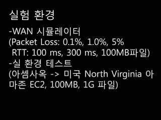 실험 홖경
-WAN 시뮬레이터
(Packet Loss: 0.1%, 1.0%, 5%
 RTT: 100 ms, 300 ms, 100MB파일)
-실 홖경 테스트
(아셈사옥 -> 미국 North Virginia 아
마존 EC2, 100MB, 1G 파일)
 