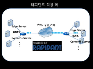 래피던트 적용 예




                  WAN 구간 가속
Edge Server
                              Edge Server
 HDFS
                               HDFS
Contents Server
                              Contents Server
    …




                                  …
 