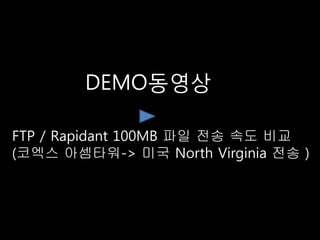 DEMO동영상

FTP / Rapidant 100MB 파일 전송 속도 비교
(코엑스 아셈타워-> 미국 North Virginia 전송 )
 