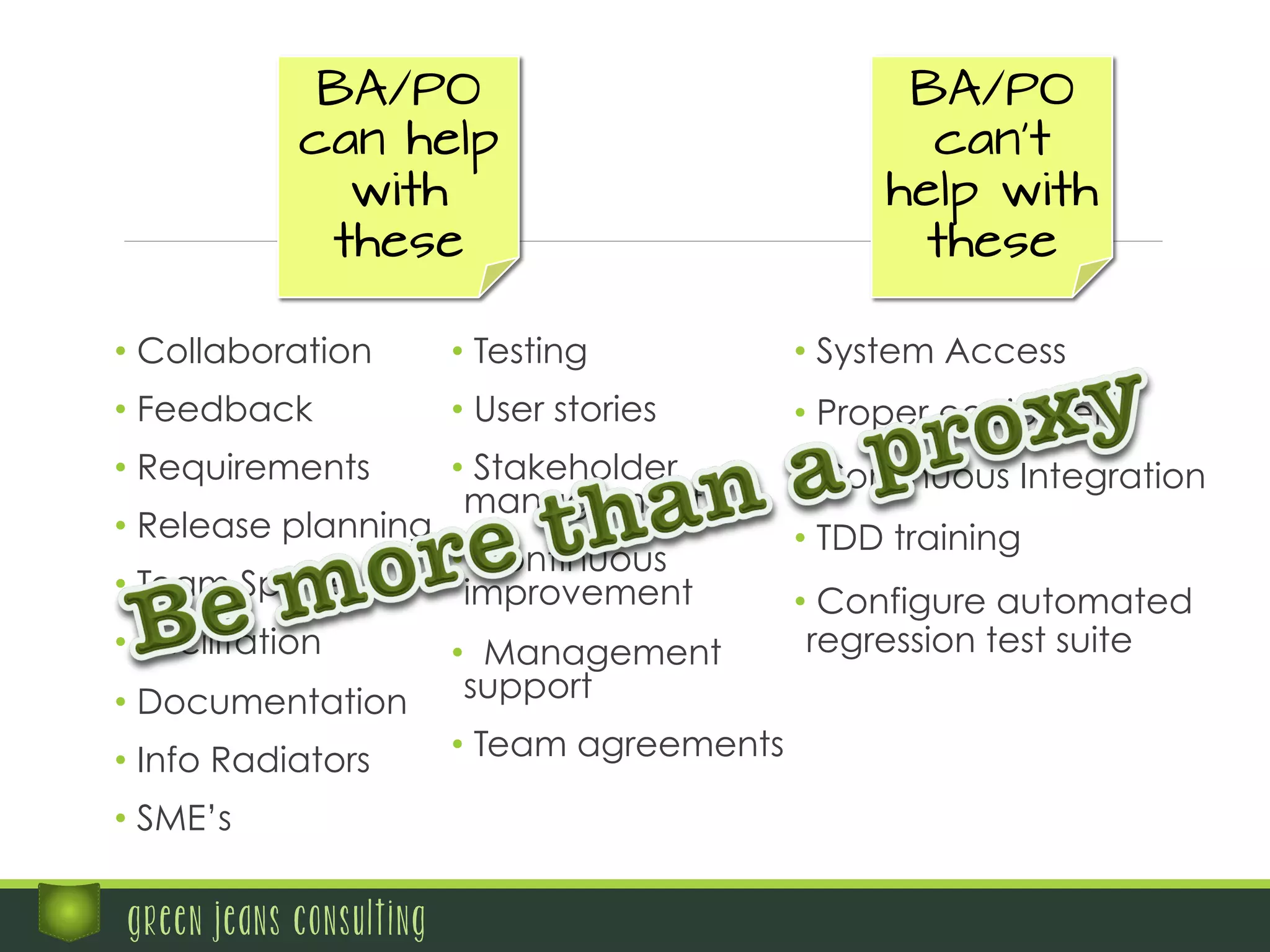 • System Access
• Proper equipment
• Continuous Integration
• TDD training
• Configure automated
regression test suite
green jeans consulting
BA/PO
can help
with
these
BA/PO
can’t
help with
these
• Collaboration
• Feedback
• Requirements
• Release planning
• Team Space
• Facilitation
• Documentation
• Info Radiators
• SME’s
• Testing
• User stories
• Stakeholder
management
• Continuous
improvement
•  Management
support
• Team agreements
 