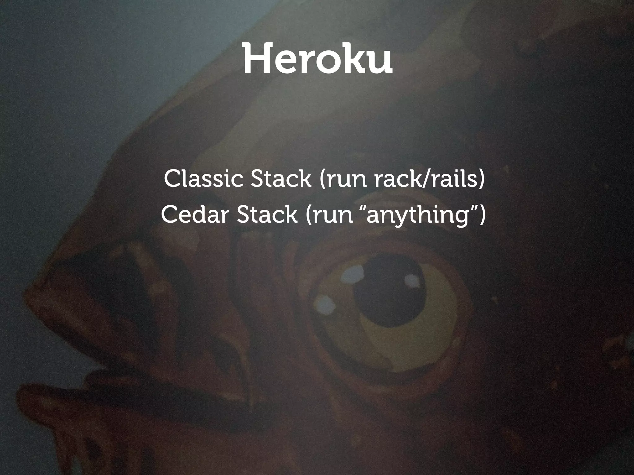 Heroku

Classic Stack (run rack/rails)
Cedar Stack (run “anything”)
 