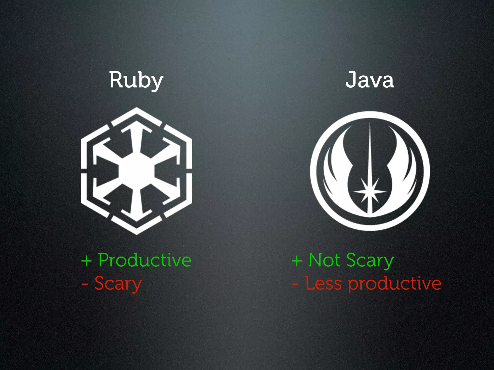 Ruby              Java




+ Productive   + Not Scary
- Scary        - Less productive
 