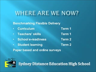Benchmarking Flexible Delivery Curriculum Term 1 Teachers' skills Term 1 School e-readiness Term 2 Student learning Term 2 Paper based and online surveys 