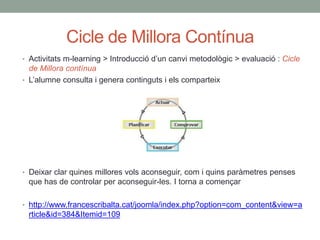 Cicle de Millora Contínua
• Activitats m-learning > Introducció d’un canvi metodològic > evaluació : Cicle
de Millora contínua
• L’alumne consulta i genera continguts i els comparteix
• Deixar clar quines millores vols aconseguir, com i quins paràmetres penses
que has de controlar per aconseguir-les. I torna a començar
• http://www.francescribalta.cat/joomla/index.php?option=com_content&view=a
rticle&id=384&Itemid=109
 