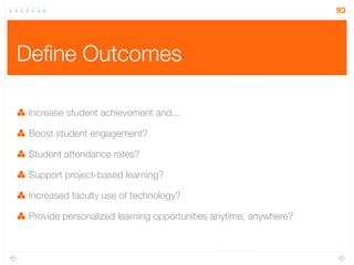 Deﬁne Outcomes
Increase student achievement and...
Boost student engagement?
Student attendance rates?
Support project-based learning?
Increased faculty use of technology?
Provide personalized learning opportunities anytime, anywhere?
93
 