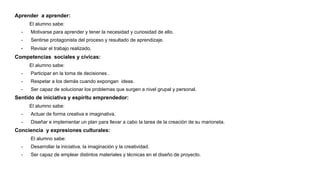 Aprender a aprender:
El alumno sabe:
- Motivarse para aprender y tener la necesidad y curiosidad de ello.
- Sentirse protagonista del proceso y resultado de aprendizaje.
- Revisar el trabajo realizado.
Competencias sociales y cívicas:
El alumno sabe:
- Participar en la toma de decisiones .
- Respetar a los demás cuando expongan ideas.
- Ser capaz de solucionar los problemas que surgen a nivel grupal y personal.
Sentido de iniciativa y espíritu emprendedor:
El alumno sabe:
- Actuar de forma creativa e imaginativa.
- Diseñar e implementar un plan para llevar a cabo la tarea de la creación de su marioneta.
Conciencia y expresiones culturales:
El alumno sabe:
- Desarrollar la iniciativa, la imaginación y la creatividad.
- Ser capaz de emplear distintos materiales y técnicas en el diseño de proyecto.
 