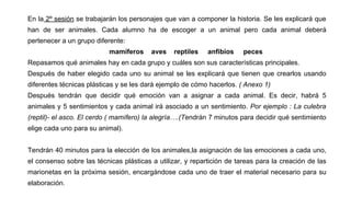 En la 2º sesión se trabajarán los personajes que van a componer la historia. Se les explicará que
han de ser animales. Cada alumno ha de escoger a un animal pero cada animal deberá
pertenecer a un grupo diferente:
mamíferos aves reptiles anfibios peces
Repasamos qué animales hay en cada grupo y cuáles son sus características principales.
Después de haber elegido cada uno su animal se les explicará que tienen que crearlos usando
diferentes técnicas plásticas y se les dará ejemplo de cómo hacerlos. ( Anexo 1)
Después tendrán que decidir qué emoción van a asignar a cada animal. Es decir, habrá 5
animales y 5 sentimientos y cada animal irá asociado a un sentimiento. Por ejemplo : La culebra
(reptil)- el asco. El cerdo ( mamífero) la alegría….(Tendrán 7 minutos para decidir qué sentimiento
elige cada uno para su animal).
Tendrán 40 minutos para la elección de los animales,la asignación de las emociones a cada uno,
el consenso sobre las técnicas plásticas a utilizar, y repartición de tareas para la creación de las
marionetas en la próxima sesión, encargándose cada uno de traer el material necesario para su
elaboración.
 