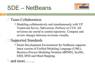 SDE – NetBeans  Team Collaboration Modeling collaboratively and simultaneously with VP Teamwork Server, Subversion, Perforce or CVS. All revisions are stored in central repository. Compare and review changes between revisions visually. Supported Standards Smart Development Environment for NetBeans supports latest version of Unified Modeling Language (UML), Business Process Modeling Notation (BPMN), SysML, ERD, DFD and Mind Mapping. and more…….. 