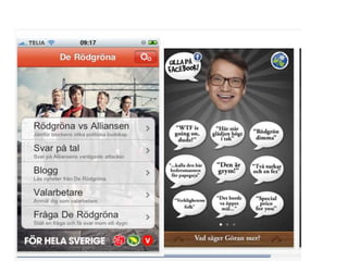 11
Appar, appar…
• ”Alliansens utgångspunkt är att
alla människor oavsett bakgrund
ska ges ö att växa och
utvecklas utifrån sin egen vilja.”
• ”Därför vill vi att vår Iphone-
applikation ska lyssna mer än
prata.”
• ”Alliansen friskriver sig från alla
budskap och byggda meningar
som produceras av denna
applikation.”
Appar, appar…
 