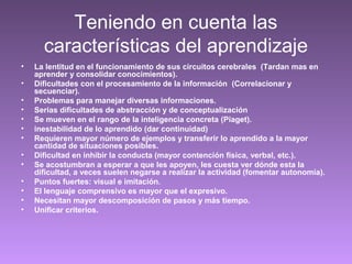 Teniendo en cuenta las
características del aprendizaje
• La lentitud en el funcionamiento de sus circuitos cerebrales (Tardan mas en
aprender y consolidar conocimientos).
• Dificultades con el procesamiento de la información (Correlacionar y
secuenciar).
• Problemas para manejar diversas informaciones.
• Serias dificultades de abstracción y de conceptualización
• Se mueven en el rango de la inteligencia concreta (Piaget).
• inestabilidad de lo aprendido (dar continuidad)
• Requieren mayor número de ejemplos y transferir lo aprendido a la mayor
cantidad de situaciones posibles.
• Dificultad en inhibir la conducta (mayor contención física, verbal, etc.).
• Se acostumbran a esperar a que les apoyen, les cuesta ver dónde esta la
dificultad, a veces suelen negarse a realizar la actividad (fomentar autonomía).
• Puntos fuertes: visual e imitación.
• El lenguaje comprensivo es mayor que el expresivo.
• Necesitan mayor descomposición de pasos y más tiempo.
• Unificar criterios.
 