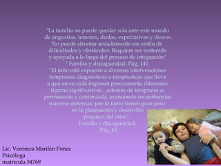 "La familia no puede quedar sola ante este mundo
de angustias, temores, dudas, expectativas y deseos.
No puede afrontar aisladamente ese sinfín de
dificultades y obstáculos. Requiere ser sostenida
y apoyada a lo largo del proceso de integración"
" Familia y discapacidad. Pág. 141.
"El niño está expuesto a diversas intervenciones
tempranas diagnósticas o terapéuticas que lleva
a que en su vida ingresen precozmente diferentes
figuras significativas....además de temprana es
permanente y continuada, asumiendo incumbencias
materno-paternas; por lo tanto tienen gran peso
en la plasmación y desarrollo
psíquico del niño."...
Familia y discapacidad.
Pág..63
Lic. Verónica Marilén Ponce
Psicóloga
matrícula 54769
 