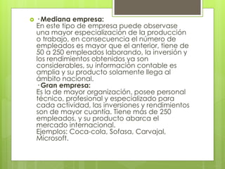  · Mediana empresa:
En este tipo de empresa puede observase
una mayor especialización de la producción
o trabajo, en consecuencia el número de
empleados es mayor que el anterior, tiene de
50 a 250 empleados laborando, la inversión y
los rendimientos obtenidos ya son
considerables, su información contable es
amplia y su producto solamente llega al
ámbito nacional.
· Gran empresa:
Es la de mayor organización, posee personal
técnico, profesional y especializado para
cada actividad, las inversiones y rendimientos
son de mayor cuantía. Tiene más de 250
empleados, y su producto abarca el
mercado internacional.
Ejemplos: Coca-cola, Sofasa, Carvajal,
Microsoft.
 