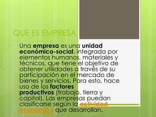 QUE ES EMPRESA
Una empresa es una unidad
económico-social, integrada por
elementos humanos, materiales y
técnicos, que tiene el objetivo de
obtener utilidades a través de su
participación en el mercado de
bienes y servicios. Para esto, hace
uso de los factores
productivos (trabajo, tierra y
capital). Las empresas puedan
clasificarse según la actividad
económica que desarrollan.
 