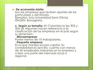  De economía mixta:
Son las empresas que reciben aportes de los
particulares y del Estado.
Ejemplos: Una Universidad Semi Oficial,
ISAGEN, Banagrario.
c. Según su tamaño: En Colombia la ley 905 y
504 de Mipymes hacen referencia a la
clasificación de las empresas en el país según
su dimensión.
· Microempresa:
Posee menos de 10 trabajadores.
· Pequeña empresa:
Es la que maneja escaso capital. Su
contabilidad es sencilla, cuenta con menos
de 50 empleados trabando en la empresa y
cubre una parte del mercado local o
regional.
 