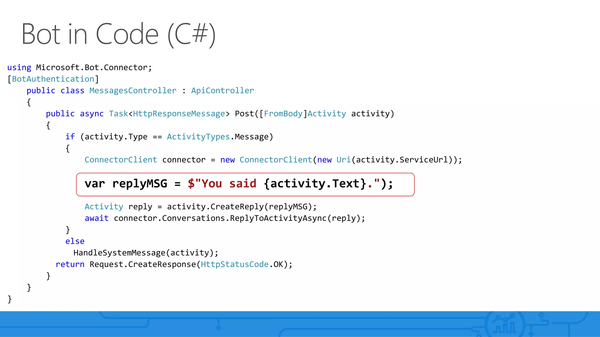 using Microsoft.Bot.Connector;
[BotAuthentication]
public class MessagesController : ApiController
{
public async Task<HttpResponseMessage> Post([FromBody]Activity activity)
{
if (activity.Type == ActivityTypes.Message)
{
ConnectorClient connector = new ConnectorClient(new Uri(activity.ServiceUrl));
var replyMSG = $"You said {activity.Text}.");
Activity reply = activity.CreateReply(replyMSG);
await connector.Conversations.ReplyToActivityAsync(reply);
}
else
HandleSystemMessage(activity);
return Request.CreateResponse(HttpStatusCode.OK);
}
}
}
 