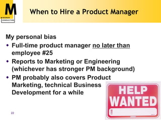 Pre-Revenue Start-upsFounding team and early believersUsually very engineering-heavy6-10 in Development, 1-2 in Finance/HR/Ops, 1 in Sales, may have 1 in MarketingTypically no formal product managementStrategy likely to be scattered in…Brains of the foundersAssorted VC pitchesOutdated revenue forecastDrafts of marketing collateral/website