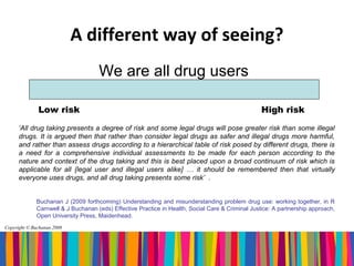 A different way of seeing?
                                    We are all drug users

              Low risk                                                                            High risk
      ‘All drug taking presents a degree of risk and some legal drugs will pose greater risk than some illegal
      drugs. It is argued then that rather than consider legal drugs as safer and illegal drugs more harmful,
      and rather than assess drugs according to a hierarchical table of risk posed by different drugs, there is
      a need for a comprehensive individual assessments to be made for each person according to the
      nature and context of the drug taking and this is best placed upon a broad continuum of risk which is
      applicable for all {legal user and illegal users alike] … it should be remembered then that virtually
      everyone uses drugs, and all drug taking presents some risk’ .


             Buchanan J (2009 forthcoming) Understanding and misunderstanding problem drug use: working together, in R
             Carnwell & J Buchanan (eds) Effective Practice in Health, Social Care & Criminal Justice: A partnership approach,
             Open University Press, Maidenhead.
Copyright © Buchanan 2008
 