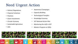 • Policies/ Regulations
• Projects/ Initiatives
• Practices
• Green Investments
• Circular Economy
• Sustainable Agriculture
• SEZs
Need Urgent Action
• Awareness/ Campaigns
• Capacity Building
• Technological Transfers
• Knowledge Economy
• SCP National Action Plan
• Monitoring the shift in SCP
• Masters Program on SDGs
 