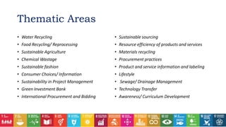 Thematic Areas
• Water Recycling
• Food Recycling/ Reprocessing
• Sustainable Agriculture
• Chemical Wastage
• Sustainable fashion
• Consumer Choices/ Information
• Sustainability in Project Management
• Green Investment Bank
• International Procurement and Bidding
• Sustainable sourcing
• Resource efficiency of products and services
• Materials recycling
• Procurement practices
• Product and service information and labeling
• Lifestyle
• Sewage/ Drainage Management
• Technology Transfer
• Awareness/ Curriculum Development
 