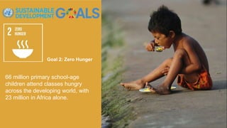 Goal 2: Zero Hunger
66 million primary school-age
children attend classes hungry
across the developing world, with
23 million in Africa alone.
 