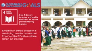 Goal 4: Ensure
inclusive and quality
education for all and
promote lifelong
learning
Enrolment in primary education in
developing countries has reached
91 per cent but 57 million children
remain out of school
 