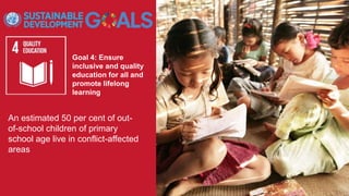 Goal 4: Ensure
inclusive and quality
education for all and
promote lifelong
learning
An estimated 50 per cent of out-
of-school children of primary
school age live in conflict-affected
areas
 
