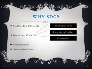 WHY SDG?
 Need for a Post-2015 agenda.
 Lessons from MDGs
 Natural calamities.
 Conservation of future.
11-Jan-16 5
Integration of 3 pillars
Involvement of all
Continuation
 