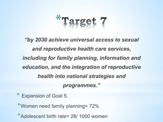 *
“by 2030 achieve universal access to sexual
and reproductive health care services,
including for family planning, information and
education, and the integration of reproductive
health into national strategies and
programmes.”
* Expansion of Goal 5.
*Women need family planning= 72%
*Adolescent birth rate= 28/ 1000 women
 