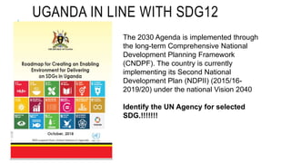 UGANDA IN LINE WITH SDG12
The 2030 Agenda is implemented through
the long-term Comprehensive National
Development Planning Framework
(CNDPF). The country is currently
implementing its Second National
Development Plan (NDPII) (2015/16-
2019/20) under the national Vision 2040
Identify the UN Agency for selected
SDG.!!!!!!!
 