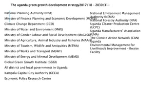 National Planning Authority (NPA)
Ministry of Finance Planning and Economic Development (MFPED)
Climate Change Department (CCD)
Ministry of Water and Environment (MWE)
Ministry of Gender Labour and Social Development (MoGLSD)
Ministry of Agriculture, Animal Industry and Fisheries (MAAIF)
Ministry of Tourism, Wildlife and Antiquities (MTWA)
Ministry of Works and Transport (MoWT)
Ministry of Energy and Mineral Development (MEMD)
Global Green Growth Institute (GGGI)
All district and local governments in Uganda
Kampala Capital City Authority (KCCA)
Economic Policy Research Center
National Environment Management
Authority (NEMA)
National Forestry Authority (NFA)
Uganda Cleaner Production Centre
(UCPC)
Uganda Manufacturers’ Association
(UMA)
The Climate Action Network (CAN)
Uganda
Environmental Management for
Livelihoods Improvement – Bwaise
Facility
The uganda green growth development strategy2017/18 – 2030/31-
 