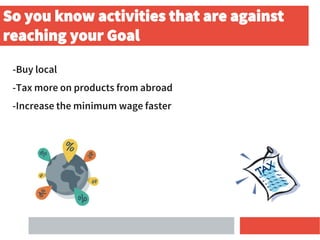 -Buy local
-Tax more on products from abroad
-Increase the minimum wage faster
So you know activities that are against
reaching your Goal
 