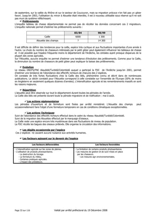 de septembre, sur la vallée du Rhône et sur le secteur de Coucouron, mais sa migration précoce n’en fait pas un gibier
favori. Jusqu’en 2003, l’utilisation du miroir à Alouette était interdite, il est à nouveau utilisable sous réserve qu’il ne soit
pas muni de système réfléchissant.
Prélèvements
L’enquête tableau de chasse départementale ne permet pas de récolter les données concernant ces 2 migrateurs.
L’enquête nationale permet d’estimer les prélèvements suivants :
83/84

98/99

Caille

6000

1 300

Alouette des champs

?

14 300

Il est difficile de définir des tendances pour la caille, espèce très cyclique et aux fluctuations importantes d’une année à
l’autre. La chute du nombre de chasseurs intéressés par le petit gibier peut également influencer les tableaux de chasse
et il est possible que l’espèce fréquente moins le département de l’Ardèche, les céréales ayant presque disparues de la
plupart des zones agricoles.
Sur l’Alouette, aucune enquête ne permet d’estimer une tendance d’évolution des prélèvements. Comme pour la Caille,
la diminution du nombre de chasseurs de petit gibier peut expliquer la baisse des prélèvements.
Evolution
Le réseau ONCFS/FNC Alaudidé/Turdidé/Colombidé auquel a participé la FDC de l’Ardèche jusqu’en 2001, permet
d’estimer une tendance de l’abondance des effectifs nicheurs de chacune des 2 espèces.
On constate de très fortes fluctuations chez la Caille des blés, phénomène connu et décrit dans de nombreuses
publications. Le déclin constaté pour l’Alouette correspond à celle constatée sur l’ensemble de l’Europe (50% de moins
en Angleterre en seulement quelques dizaines d’années). L’intensification agricole et les remembrements massifs en sont
les raisons majeures.
Répartition
L’alouette peut être observée sur tout le département durant toutes les périodes de l’année.
La Caille des blés est présente durant toute la période migratoire et de nidification : mai à août.

Les actions réglementaires
Les périodes d’ouverture et de fermeture sont fixées par arrêté ministériel. L’Alouette des champs
occasionnellement faire l’objet d’une fermeture temporaire en cas de conditions climatiques exceptionnelles.

Les actions Techniques
Suivi de l’abondance des effectifs nicheurs effectué dans le cadre du réseau Alaudidé/Turdidé/Colombidé.
Suivi de la migration des Alouettes effectué par le marquage d’oiseaux.
La Caille reste une espèce encore très mystérieuse dans ses fluctuations de niveau de population.
La FDC récolte les bagues des oiseaux prélevés. Elle organise la circulation des informations.
Les dégâts occasionnés par l’espèce
Ces 2 espèces ne causent aucune nuisance aux activités humaines.
Les facteurs agissant sur le devenir de l’espèce
Les facteurs défavorables
- L’intensification agricole sur les zones de plaines.
- L’utilisation de produits phytosanitaires.
- La destruction du bocage.
- La fermeture du milieu.
- Certaines pratiques agricoles.
- L’impact des prédateurs.

Page 33 sur 116

Les facteurs favorables
- La limitation de certains produits phytosanitaires.
- Les mesures de gestion et de suivi mises en place
par les chasseurs.
- Les mesures agri environnementales.

Validé par arrêté préfectoral du 19 Décembre 2008

peut

 