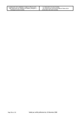 - La destruction de la végétation rivulaire du fleuve par la
CNR (Destruction de roselières de Phalaris, phragmite…)
- Drainage de zones humides.

Page 38 sur 116

- La restauration de zones humides
- Les mesures agri environnementales en faveur de la
conservation des zones humides.

Validé par arrêté préfectoral du 19 Décembre 2008

 