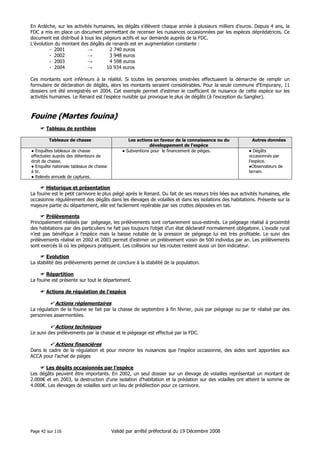 En Ardèche, sur les activités humaines, les dégâts s’élèvent chaque année à plusieurs milliers d’euros. Depuis 4 ans, la
FDC a mis en place un document permettant de recenser les nuisances occasionnées par les espèces déprédatrices. Ce
document est distribué à tous les piégeurs actifs et sur demande auprès de la FDC.
L’évolution du montant des dégâts de renards est en augmentation constante :
- 2001
→
2 740 euros
- 2002
→
3 948 euros
- 2003
→
4 598 euros
- 2004
→
10 934 euros
Ces montants sont inférieurs à la réalité. Si toutes les personnes sinistrées effectuaient la démarche de remplir un
formulaire de déclaration de dégâts, alors les montants seraient considérables. Pour la seule commune d’Empurany, 11
dossiers ont été enregistrés en 2004. Cet exemple permet d’estimer le coefficient de nuisance de cette espèce sur les
activités humaines. Le Renard est l’espèce nuisible qui provoque le plus de dégâts (à l’exception du Sanglier).

Fouine (Martes fouina)
Tableau de synthèse
Tableaux de chasse
● Enquêtes tableaux de chasse
effectuées auprès des détenteurs de
droit de chasse.
● Enquête nationale tableaux de chasse
à tir.
● Relevés annuels de captures.

Les actions en faveur de la connaissance ou du
développement de l’espèce
● Subventions pour le financement de pièges.

Autres données
● Dégâts
occasionnés par
l’espèce.
●Observateurs de
terrain.

Historique et présentation
La fouine est le petit carnivore le plus piégé après le Renard. Du fait de ses mœurs très liées aux activités humaines, elle
occasionne régulièrement des dégâts dans les élevages de volailles et dans les isolations des habitations. Présente sur la
majeure partie du département, elle est facilement repérable par ses crottes déposées en tas.
Prélèvements
Principalement réalisés par piégeage, les prélèvements sont certainement sous-estimés. Le piégeage réalisé à proximité
des habitations par des particuliers ne fait pas toujours l’objet d’un état déclaratif normalement obligatoire. L’exode rural
n’est pas bénéfique à l’espèce mais la baisse notable de la pression de piégeage lui est très profitable. Le suivi des
prélèvements réalisé en 2002 et 2003 permet d’estimer un prélèvement voisin de 500 individus par an. Les prélèvements
sont exercés là où les piégeurs pratiquent. Les collisions sur les routes restent aussi un bon indicateur.
Evolution
La stabilité des prélèvements permet de conclure à la stabilité de la population.
Répartition
La fouine est présente sur tout le département.
Actions de régulation de l’espèce

Actions réglementaires
La régulation de la fouine se fait par la chasse de septembre à fin février, puis par piégeage ou par tir réalisé par des
personnes assermentées.

Actions techniques
Le suivi des prélèvements par la chasse et le piégeage est effectué par la FDC.

Actions financières
Dans le cadre de la régulation et pour minorer les nuisances que l’espèce occasionne, des aides sont apportées aux
ACCA pour l’achat de pièges
Les dégâts occasionnés par l’espèce
Les dégâts peuvent être importants. En 2002, un seul dossier sur un élevage de volailles représentait un montant de
2.000€ et en 2003, la destruction d’une isolation d’habitation et la prédation sur des volailles ont atteint la somme de
4.000€. Les élevages de volailles sont un lieu de prédilection pour ce carnivore.

Page 42 sur 116

Validé par arrêté préfectoral du 19 Décembre 2008

 