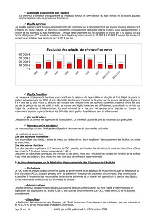 Les dégâts occasionnés par l’espèce
Le chevreuil s’alimente principalement de végétaux ligneux et semi-ligneux du type ronces et de jeunes pousses
arboricoles des cultures agricoles et forestières.

Dégâts agricoles
Les dégâts agricoles sont dus aux abroutissements de printemps sur le développement des jeunes pousses attractives et
précoces en milieu naturel. Le chevreuil consomme principalement celles des arbres fruitiers, plus particulièrement le
cerisier et les essences du type framboisier. L’impact reste important sur les parcelles de moins de 1 ha jusqu’à ce que
l’arbre atteigne sa 4ème année de croissance. Les dégâts agricoles varient de 10.000 € à 25.000 € suivant les années et
tendent à se stabiliser aux alentours de 15.000 € par an.

Evolution des dégâts de chevreuil en euros
26 454,77 €
19 298,66 €

25 928,17 €

20 516,73 €
14 694,00 €

14 010,19 €

13 558,25 €

13 458,00 €

4

3
20
03
/

20
0

20
0
20
02
/

20
01

20
00

19
99

19
98

19
97

19
96

10 416,47 €

19
95

40 000 €
30 000 €
20 000 €
10 000 €
-€

Dégâts forestiers
Les nouveaux reboisements forestiers sont constitués de résineux de type mélèze et douglas et font l’objet de plans de
gestion subventionnés par l’Etat et les collectivités territoriales. L’impact de l’espèce sur les jeunes plantations âgées de
3 à 4 ans est dû aux frottis du brocard qui marque son territoire avec des glandes odorantes présentes entre ses bois
lors de la période du rut de juillet à août. La masse des dégâts forestiers est difficilement quantifiable et ne fait pas
l’objet de procédures d’indemnisation. Le seuil minimal de 4 hectares nécessaires pour déposer un dossier de
subventions exprime la particularité et les difficultés de la gestion forestière au sein du département.

Aux particuliers
L’élégance de cet animal est appréciée de la population. Le chevreuil cause très peu de nuisances aux particuliers

Mesures contre les dégâts
Les mesures de protection développées dépendent des essences et des menées culturales
Les matériels de protection :

Cas des essences forestières :
Pour se protéger des frottis, il existe le linteau ou l’arbre de fer. Pour empêcher l’abroutissement des feuillus, on utilise
les manchons.
Cas des arbres fruitiers :
Pour des parcelles supérieures à 2 hectares, la FDC conseille, en fonction des situations, la mise en place d’une clôture
électrique de 5 fils d’une hauteur maximale de 1,40 m.
Utilisation de substances chimiques, de cheveux ou de savon, mais leur efficacité est variable en fonction de la surface
et du relief des secteurs, leur emploi ne peut faire état de référence départementale
Actions développées par la Fédération Départementale des Chasseurs de l’Ardèche
Techniques
La FDC traite et analyse chaque année les cartes de prélèvement et les tableaux de chasse fournis par les détenteurs de
droit de chasse (ACCA, Chasses privées, ONF) et détermine l’évolution de population de chevreuils. Des conseils sont
accessibles à l’ensemble des responsables de territoires adhérents et un soutien est apporté sur la gestion des dégâts,
sur les mesures de protection et sur les modes de chasse.

Administratives
L’espèce chevreuil occasionne des dégâts aux cultures agricoles (arboriculture) qui font l’objet d’indemnisations en
application des dispositions de l’article R226-13 du code de l’environnement. La FDC07 traite entre 20 et 40 dossiers
annuellement.

Financières
La Fédération Départementale des Chasseurs de l’Ardèche soutient financièrement ses adhérents par des subventions
de 40 à 70 % sur les mesures de protections électriques.
Page 66 sur 116

Validé par arrêté préfectoral du 19 Décembre 2008

 